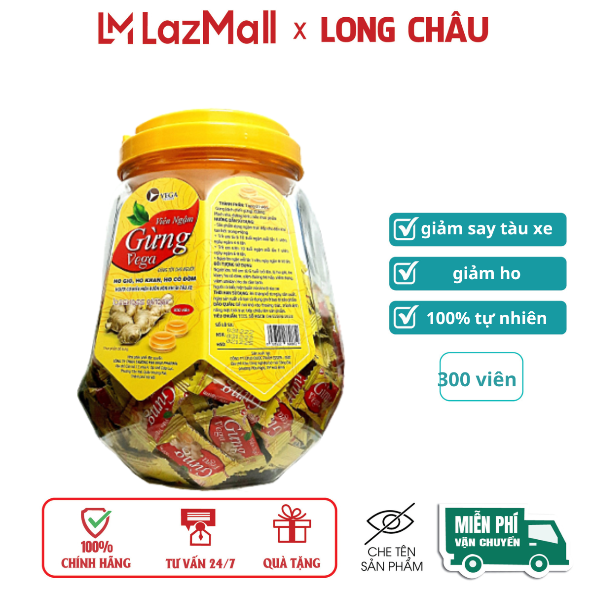  Viên Ngậm Gừng Vega giúp giảm ho  long đờm  giảm say tàu xe - lọ 400 viên 