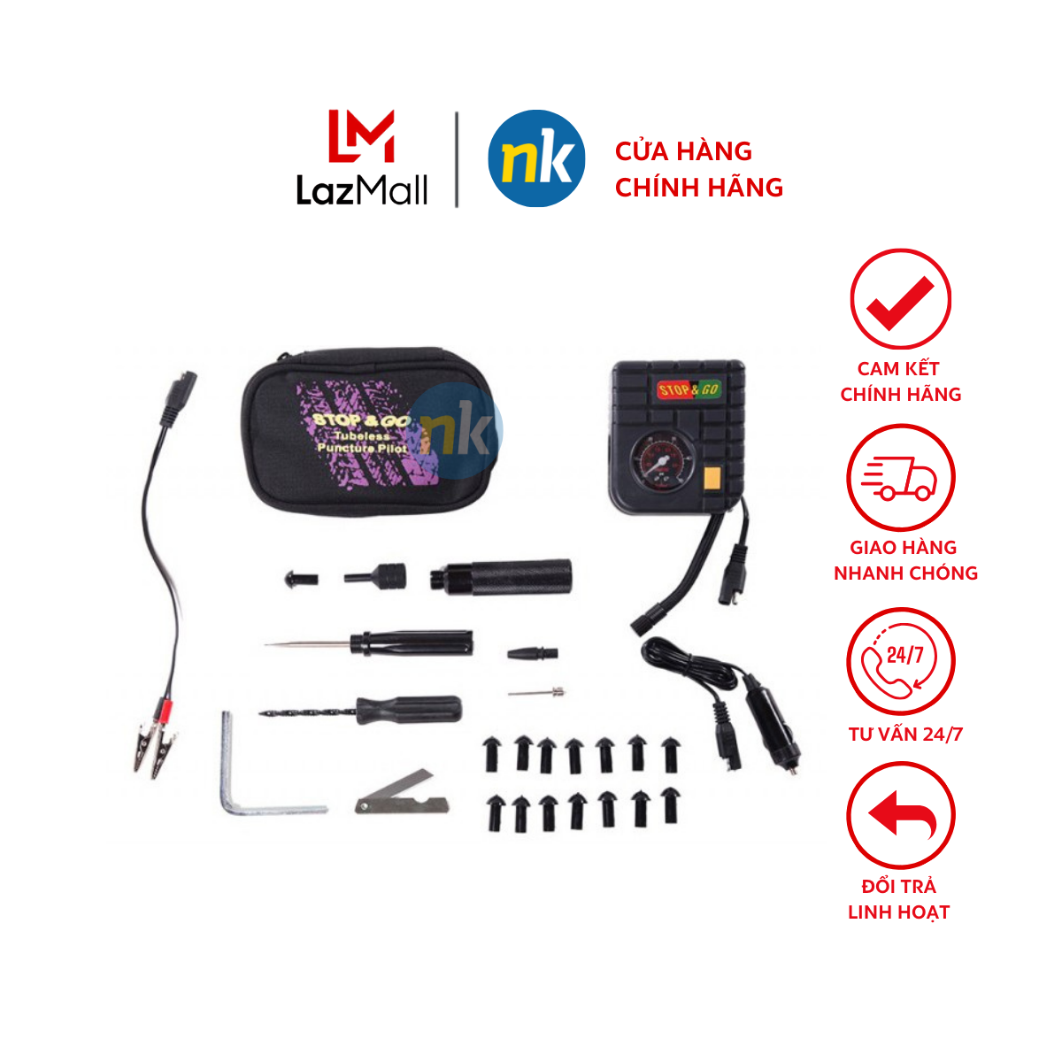 Combo bộ bơm điện và vá xe STOP&GO dùng cho xe máy, ô tô - thích hợp đi phượt đường dài, xe mô tô PKL, xe hơi