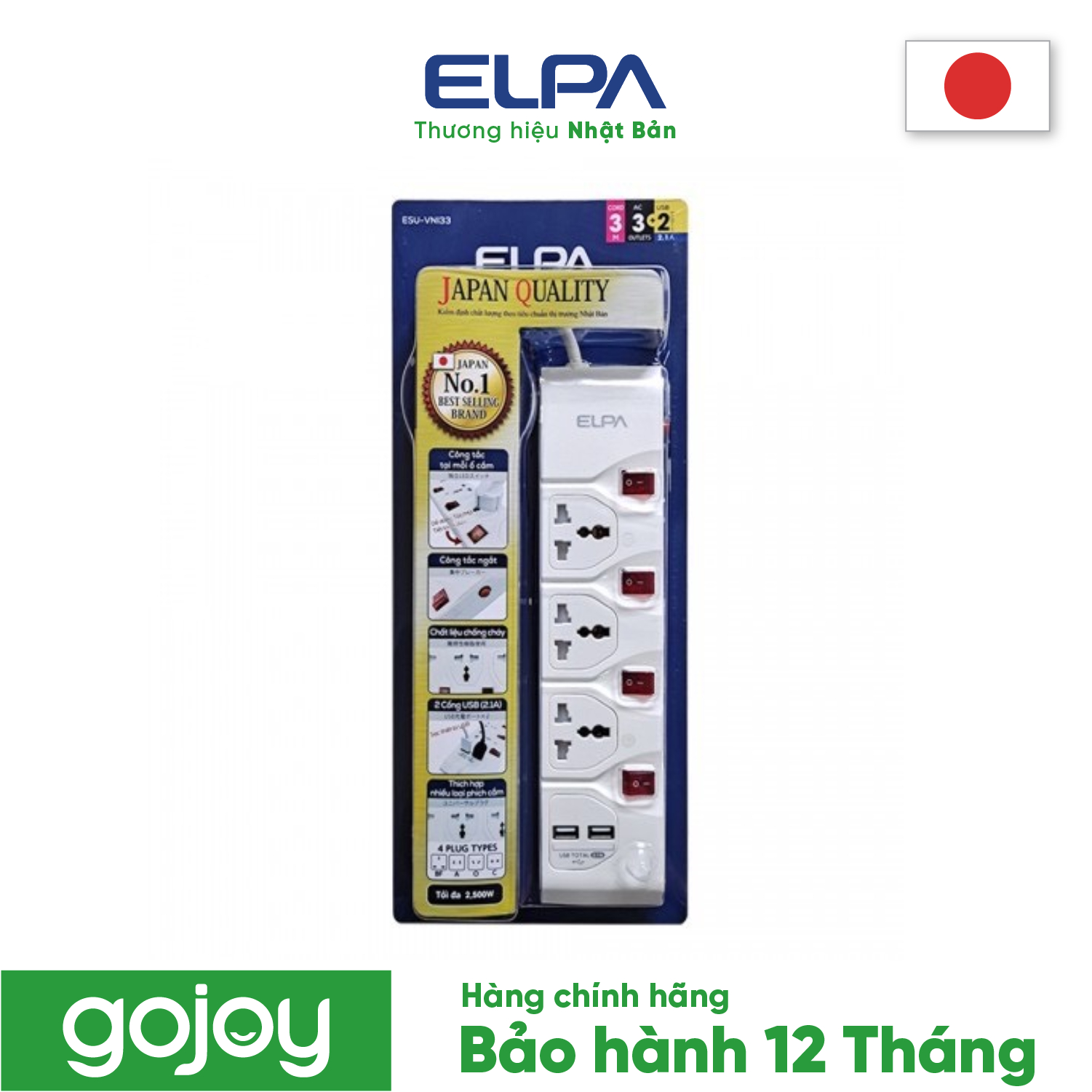 Ổ cắm Nhật Elpa 3 ổ điện 2 USB 4 công tắc ELPA ESU-VNI33 chính hãng