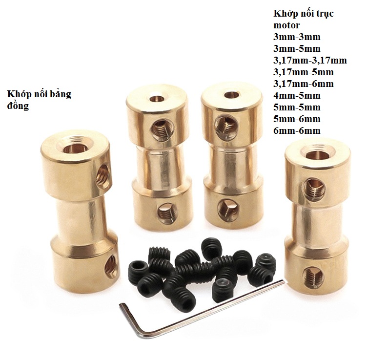 Nối trục bằng đồng kích thước 3,17mm-3,17mm;3,17mm-5mm;3,17mm-6mm;3mm-3mm;3mm-5mm;4mm-5mm;5mm-5mm;5mm-6mm;6mm-6mm