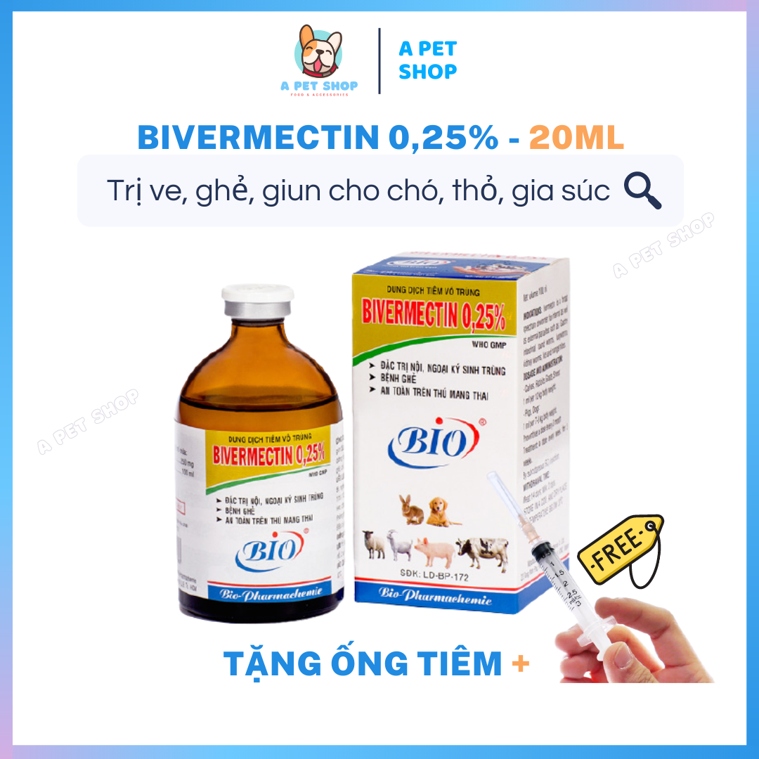 (Tặng ống tiêm) Diệt giun, ve, ghẻ trên chó, thỏ, gia súc dạng tiêm Bio Bivermectin 025% 20ml - a pet shop