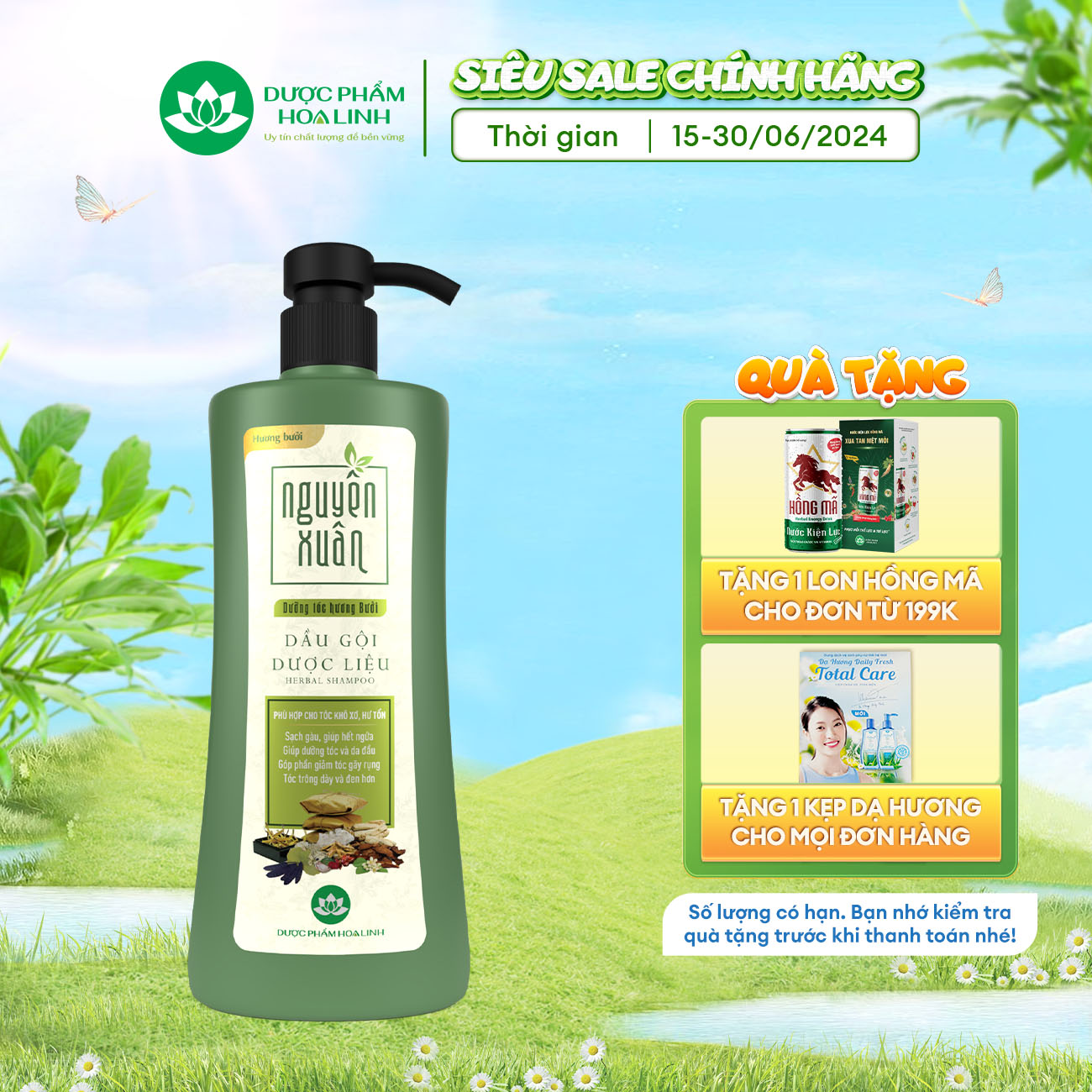 Dầu gội dược liệu Nguyên Xuân Dưỡng tóc Hương bưởi 450ml - Tặng thêm 50ml giá không đổi