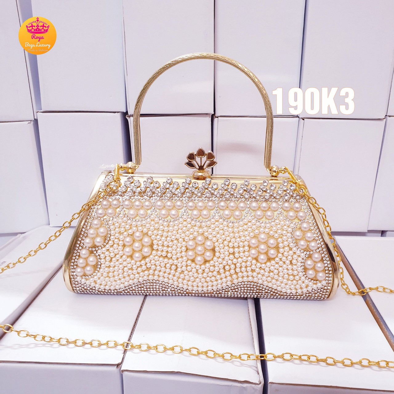Ví đi tiệc Nữ - Bóp Cầm Tay Đính Đá Ví cầm tay sang trọng Cốp đá 3 hoa ROYA cầm tay đi tiệc chanh xả nhất thời đại 190k3