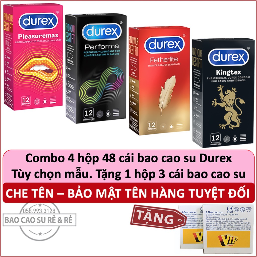 Combo 4 hộp bao cao su durex 48 cái tùy chọn