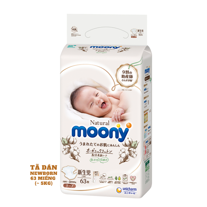 Tã / Bỉm Dán Moony Natural Newborn 63 (~5kg), S58 ( 4-8kg), M46 (6-11kg), L38 (9-14kg)