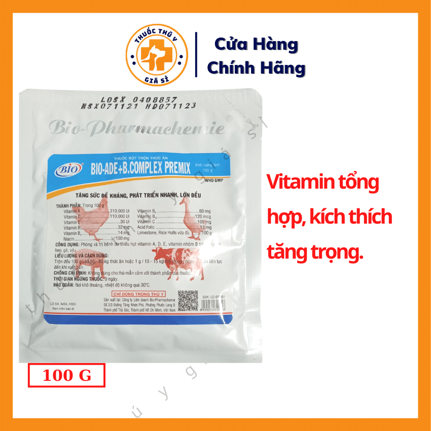 Bio ADE Bcomplex Premix 100g - Phòng Thiếu Hụt Vitamin A D E Vitamin Nhóm B Trên Bò Heo Gà Vịt - Thú Y Giá Sỉ