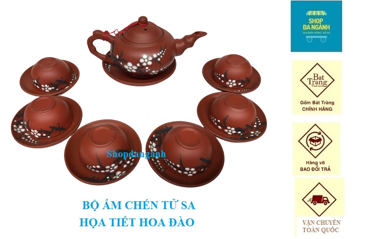 Bộ ấm chén tử sa hoa đào, có hộp đẹp, gốm sứ Bát Tràng