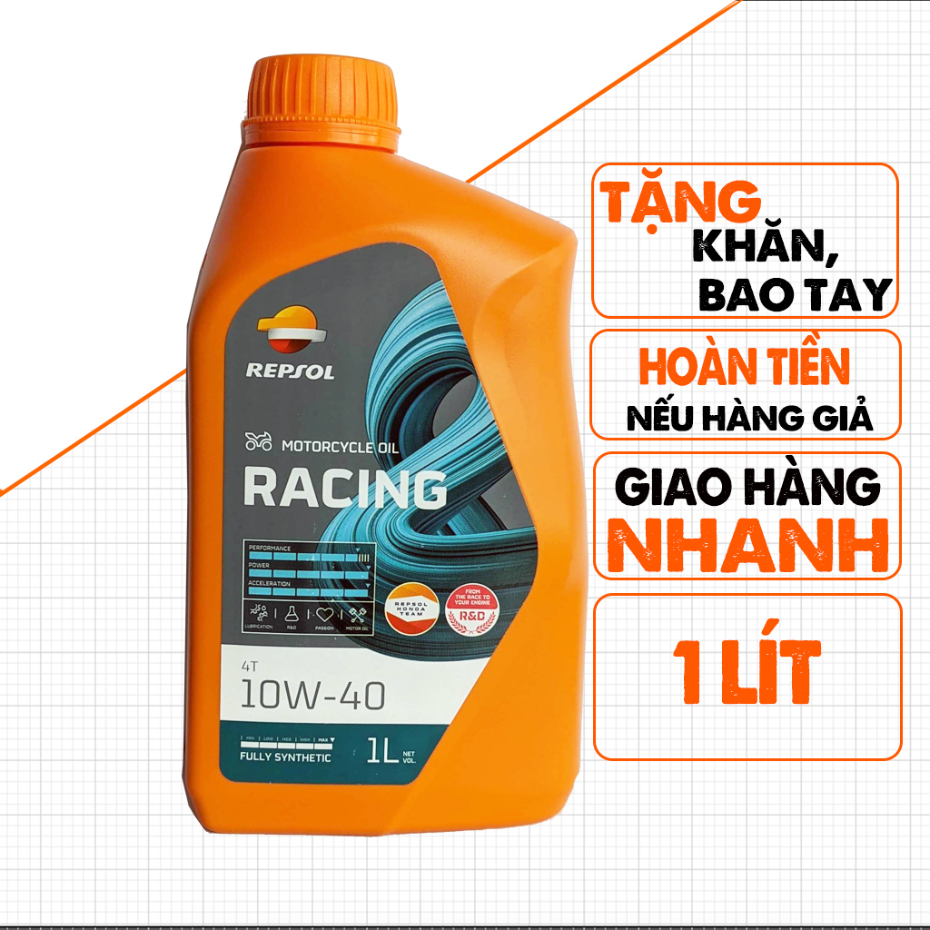 Nhớt Xe Máy Xe Số Repsol Racing 10W40 1 Lít, Dầu Tổng Hợp 100% Nhập Indo, Xe Chạy Bốc, Số Mượt, Phù Hợp Với Exciter, Winner, Raider