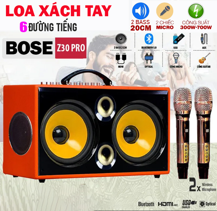 Loa Karaoke Xách Tay BOSE Z30 PRO Hàng Mỹ Siêu Ngon Kèm 2 Micro Siêu Ngon Công Suất Cực Đại 700W Bass Chắc Loa Thiết Kế 6 Đường Tiếng 2 Bass 20cm 2Trung 2Treble Bộ Xử Lý DSP Echo Delay Rever Âm Thanh Sáng