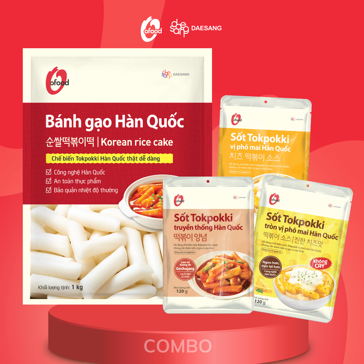 Combo bánh gạo Hàn Quốc 1kg và 3 sốt tokbokki 120g O'food