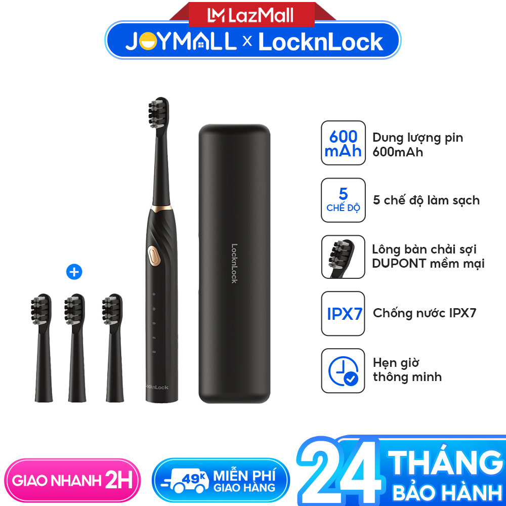  Bàn chải điện LocknLock ENR321BLK Hàng chính hãng 5 chế độ làm sạch dung lượng pin 600mAh có 4 đầu bàn chải - JoyMall 
