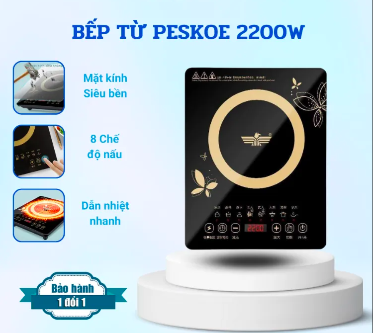 Bếp từ đơn cảm ứng peskoe 2200w mặt kính chịu lực chịu nhiệt cao 8 chế độ nấu hẹn giờ ngắt tự động thông minh an toàn