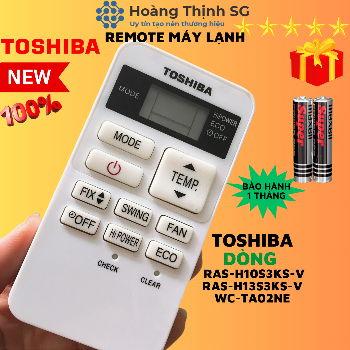Điều khiển điều hòa TOSHIBA dòng RAS-H10S3KS-V, remote máy lạnh TOSHIBA RAS-H13S3KS-V, WC-TA02NE - Tặng kèm pin