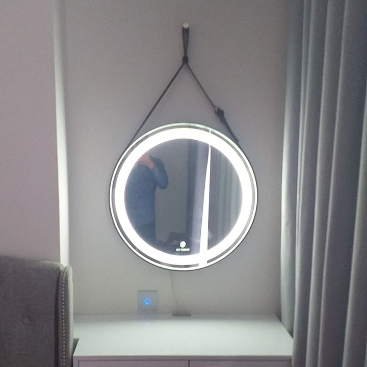 Gương Tròn Led, Gương Treo Tường Đèn Led Dây Da Simili - Đường Kính 40cm [FULL PHỤ KIỆN]