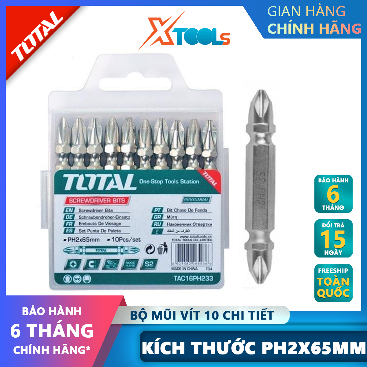 Bộ mũi vít 10 chi tiết total tac16ph233 | bộ 10 đầu bắt vít kích thước 65mm ph2 tháo lắp, tháo mở, xiết các ốc vít bulong trên các thiết bị