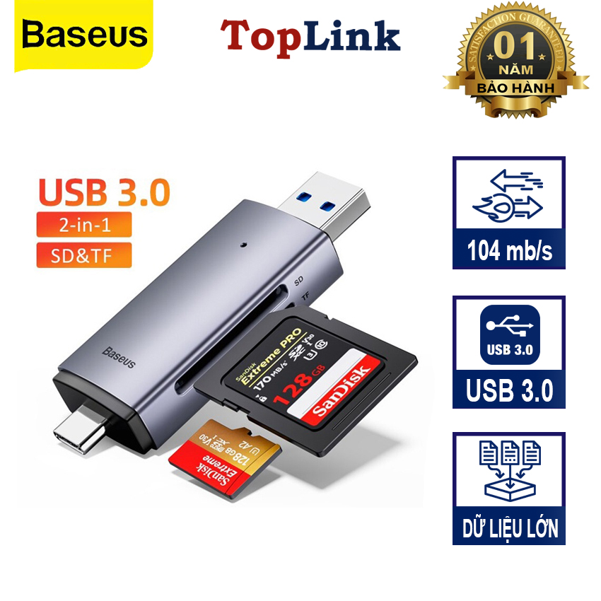 Đầu đọc thẻ nhớ đa năng tốc độ cao baseus lite series usb-a & type-c to sd/tf card reader cho smartphone/ tablet/ laptop - phân phối bởi toplink