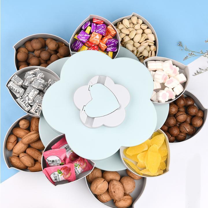 Khay đựng mứt tết, bánh kẹo hoa quả 2 tầng 10 cánh xoay 360 độ sang trọng tiện dụng gọn gàng, hộp đựng bánh kẹo có kèm khe giá đỡ điện thoại thông minh tiện lợi