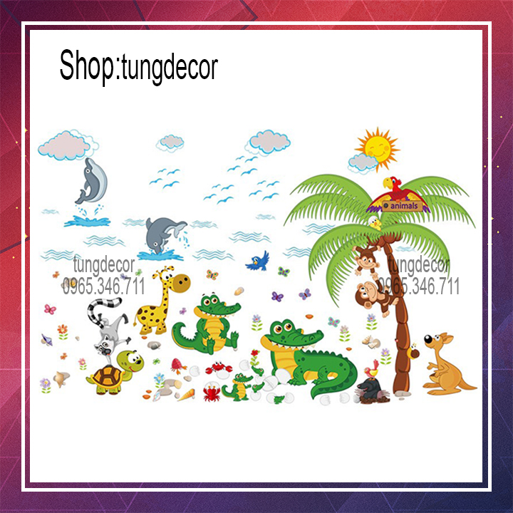 Decal dán tường cho bé ao cá sấu sk9090. decal dán phòng tranh dán tường cho bé