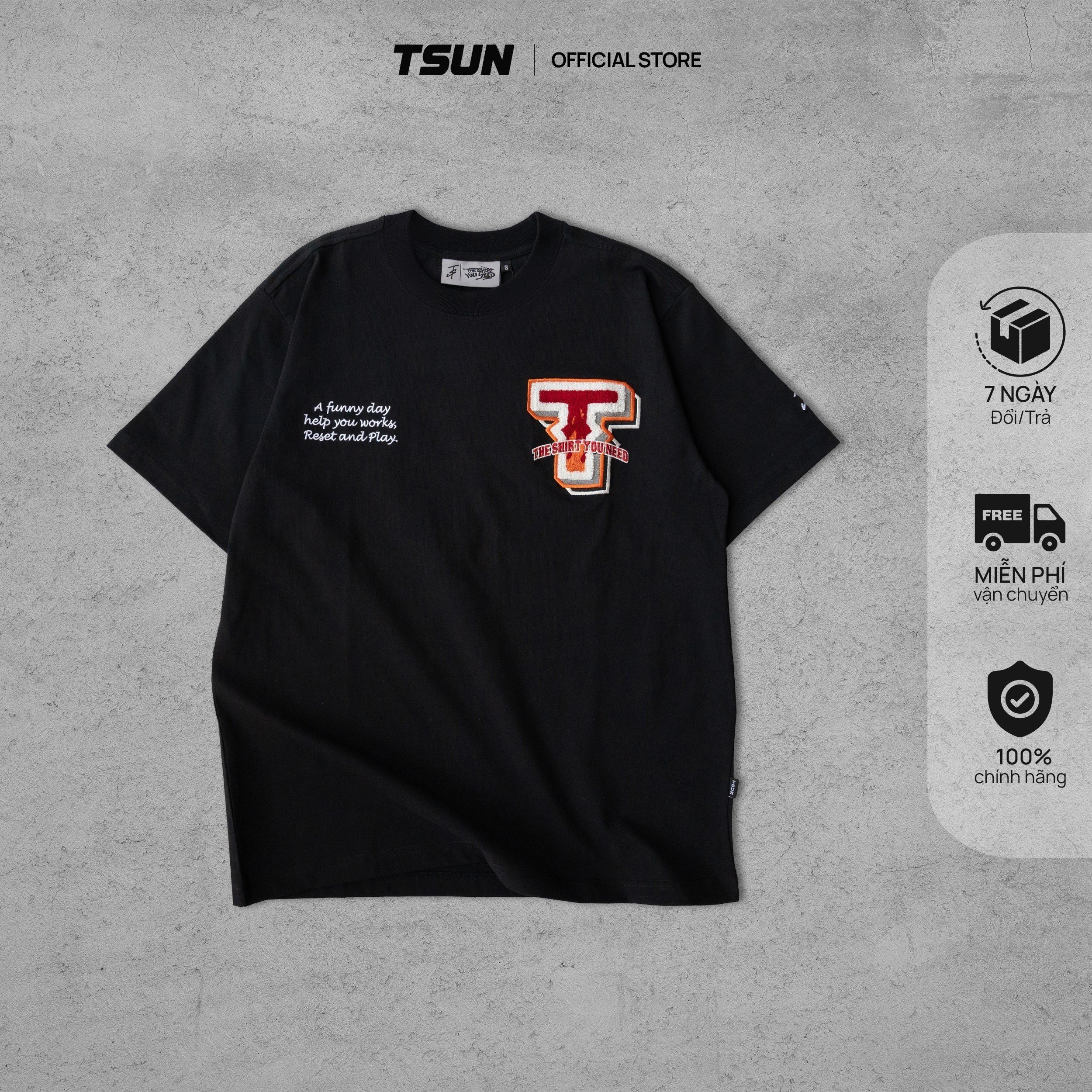 Áo thun tsun flametypo - thêu xù - - đen - thêu tay áo