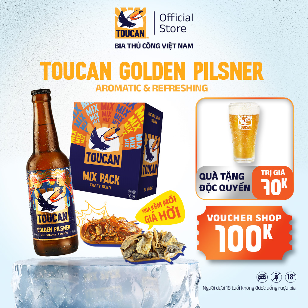 Bia Thủ Công Toucan Golden Pilsner - Hương Hoa Bia Cơm Cháy & Mật Ong Thùng 6 Chai 330ml