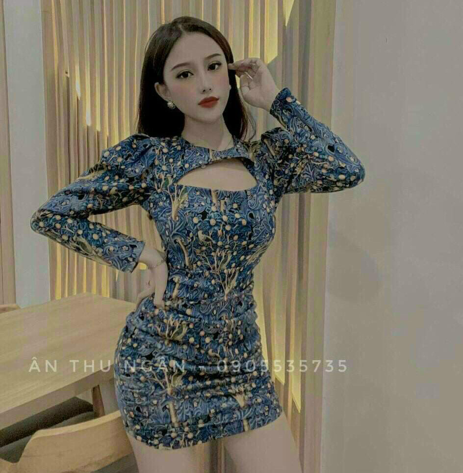 Đầm Váy Thời Trang Nữ Ôm Body Khoét Hở Ngực Cổ Tròn Tay Dài IN Họa Tiết Chất Thun Dẻo Co Dãn Tốt No1-SG -Fashion