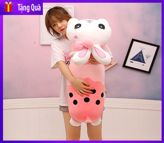 Gấu bông thỏ trà sữa có nơ , thú nhồi bông thỏ mặc áo trà sữa siêu dễ thương