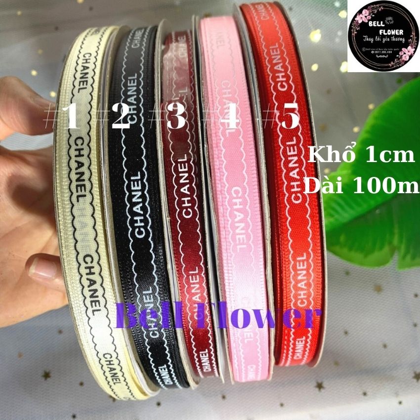 Ruy băng lụa chữ chanel 1cm dài 100m, cuộn dây ruy băng vải lụa, làm gói bó hoa, trang trí bellflower