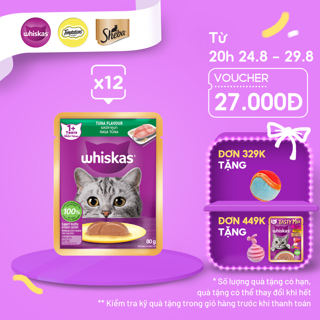 WHISKAS® Thức ăn cho mèo lớn dạng sốt (pate mèo) vị cá 80g (12 gói)