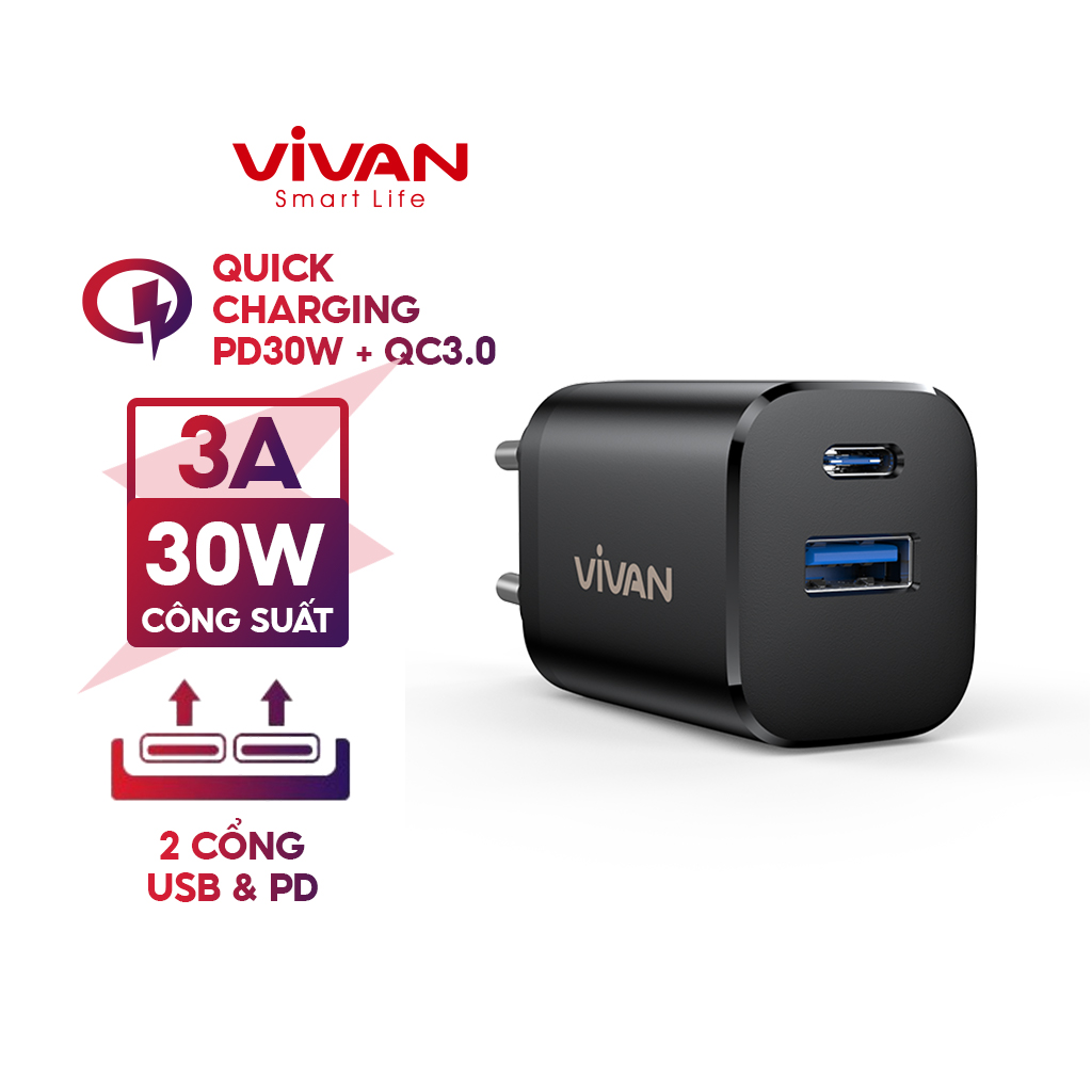 Cốc sạc nhanh vivan 30w usb-c bộ sạc nhanh power supper 30 2 cổng usb - type-c sạc siêu nhanh ipad laptop macbook pro samsung huawei xiaomi redmi oppo