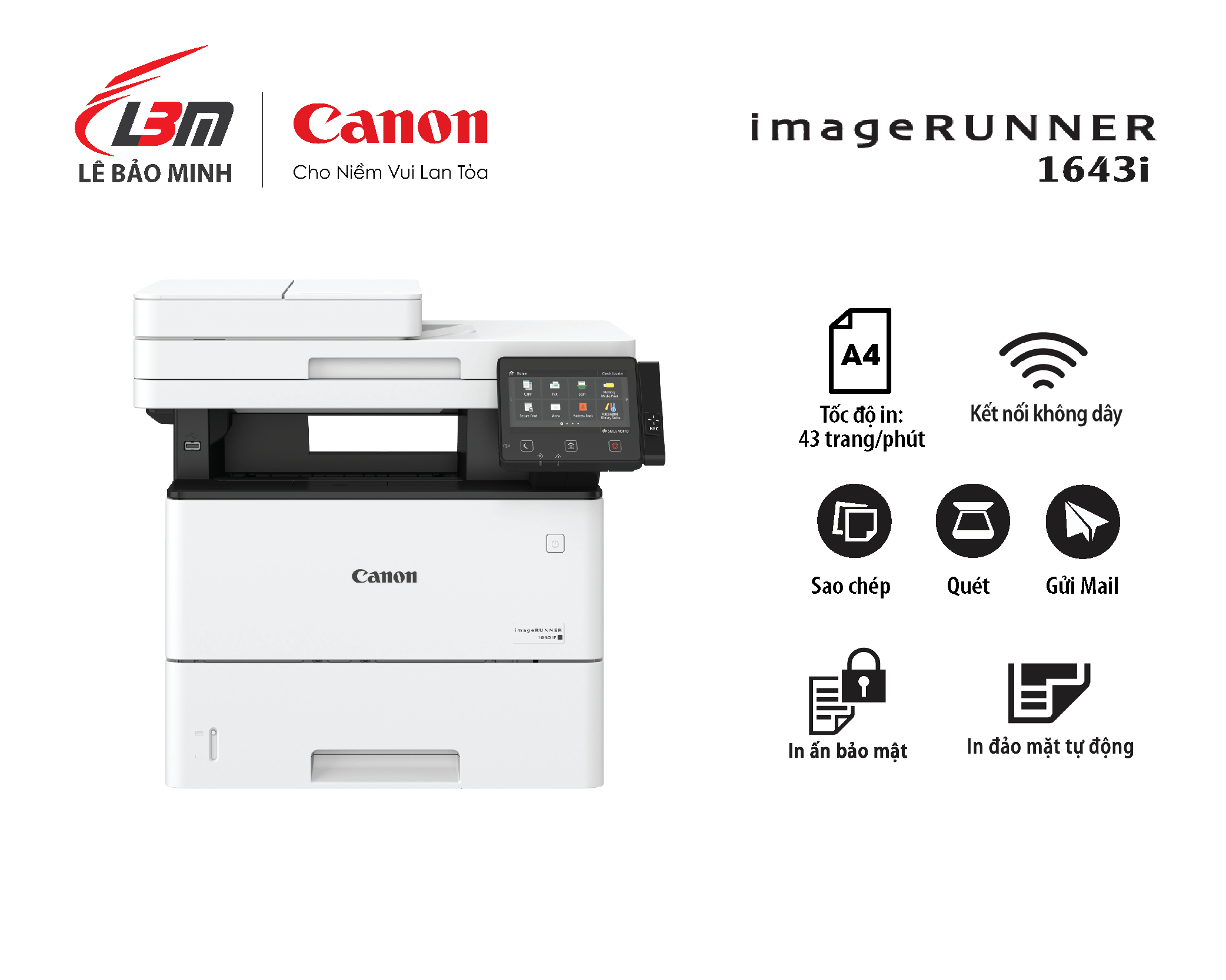 Máy photocopy trắng đen đa chức năng laser A4 iR1643i, tốc độ cao 43 trang/phút