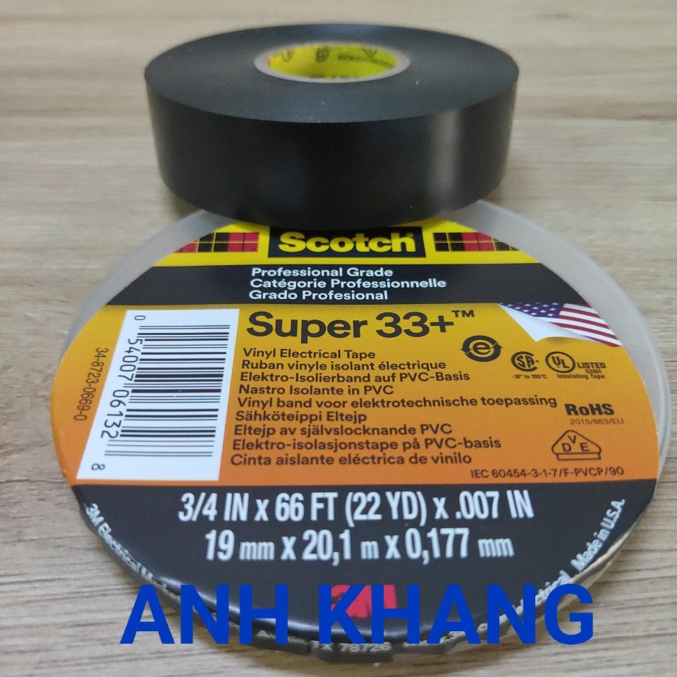 [HCM]băng keo 3m Super 33+ 19mmx20.1m (Đen) 3M Scotch Super 33+ Vinyl Electrical Tape  Được làm từ chất liệu Polyvinyl Chloride và cao su tổng hợp (PVC). – Độ dày: 0.178mm. – Chịu được nhiệt độ từ -18°C đến 105°C.