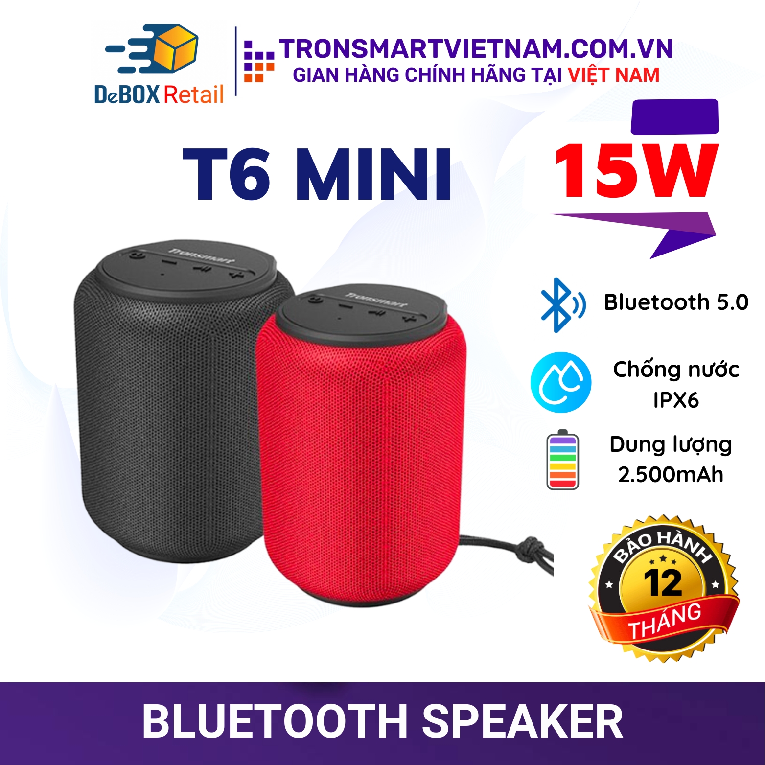 Loa bluetooth tronsmart element t6 mini 15w, bt v5.0, chống nước ipx6, tws ghép đôi 2 loa - hàng chính hãng