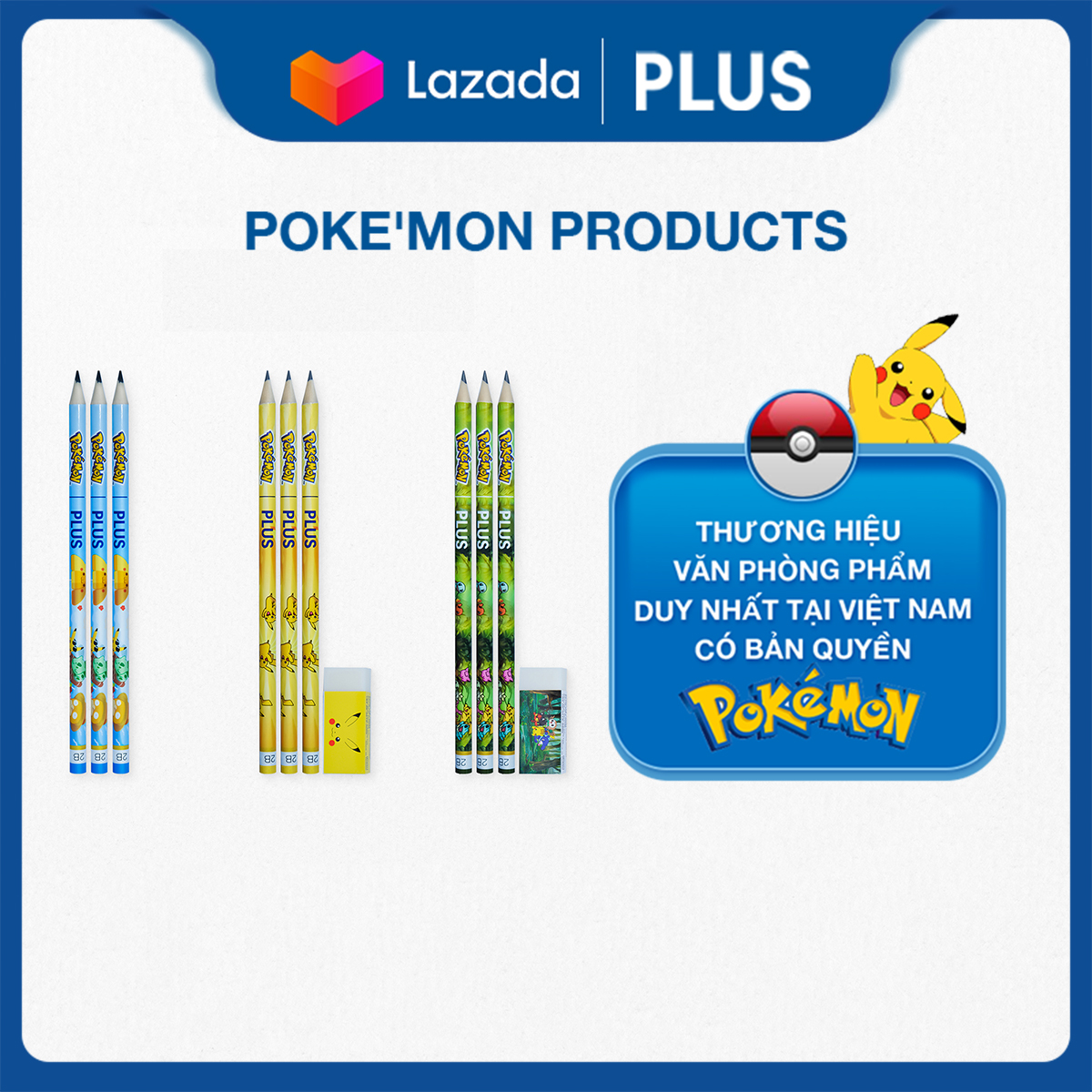 Combo 3 Bút Chì 2B PLUS Phác Thảo Kèm 3 Gôm Cùng Concept Họa Tiết Pokemon