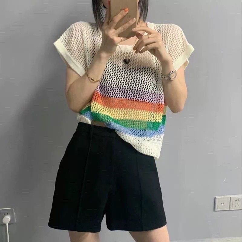 Áo len lưới nữ cộc tay cổ tròn họa tiết cầu vồng