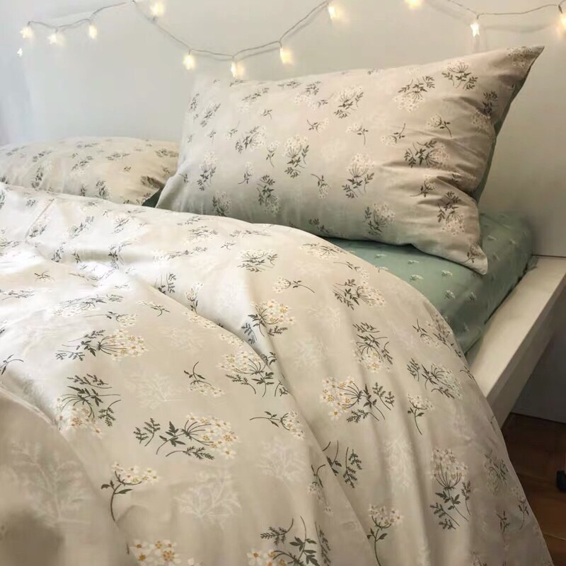 Bộ chăn ga gối Cotton living Hàn Quốc cỏ ngọc hoa nhí Cao Cấp - bộ chăn ga quốc dân
