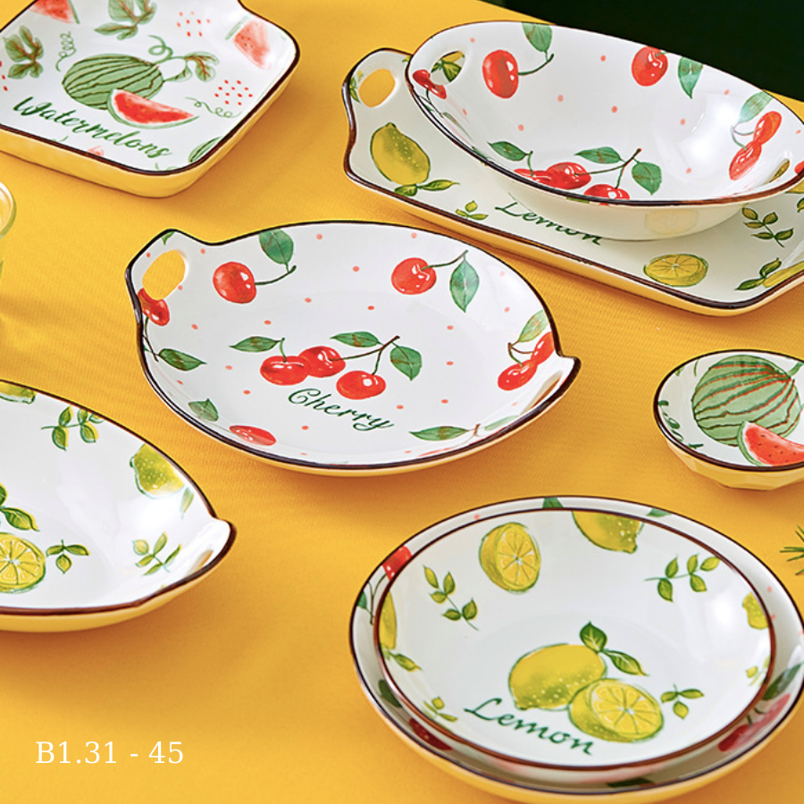 Bát đĩa sứ đẹp Cherry lá xanh decor bàn ăn đĩa vuông có tay cầm bát sâu lòng đĩa chữ nhật