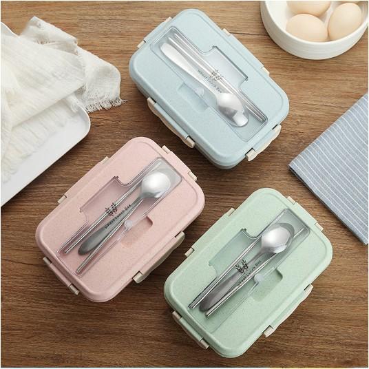Hộp đựng cơm lúa mạch 3 ngăn - tặng kèm thìa và đũa inox