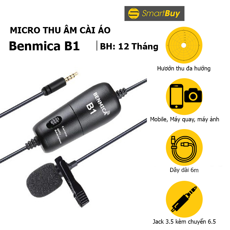 Micro thu âm gài áo cho điện thoại, máy ảnh, máy quay Benmica B1 - Hàng chính hãng