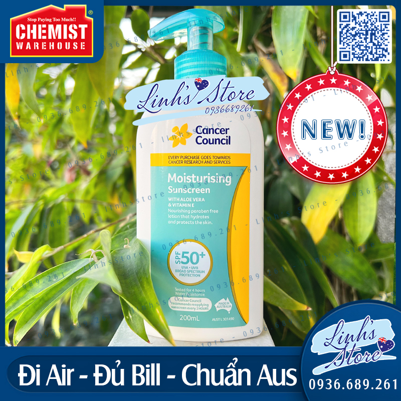 Kem chống nắng phổ rộng dưỡng ẩm Cancer Council ️Moisturising Suncreen SPF 50+ 200ml 💙 Chemist Warehouse - Úc | linhsstore