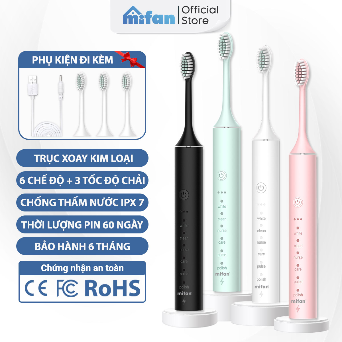 Bàn Chải Điện Mifan Sonic X5 - Bàn chải đánh răng máy sóng âm công nghệ Đức - Pin sạc USB, chống nước IPX7 - Tặng kèm 3 đầu bàn chải