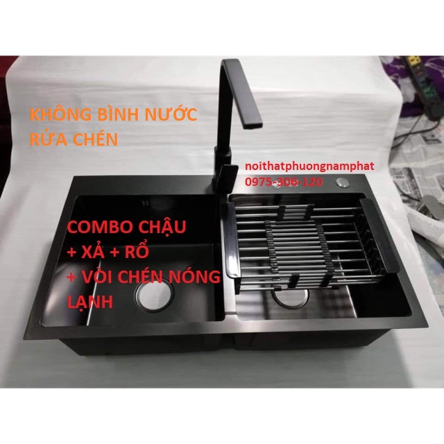 Phủ nano chống bám bẩn combo chậu rửa chén bát n5 8245 nano na.grand và xả chậu và rổ rút và vòi rửa chén nano nóng lạnh bồn rửa chén inox