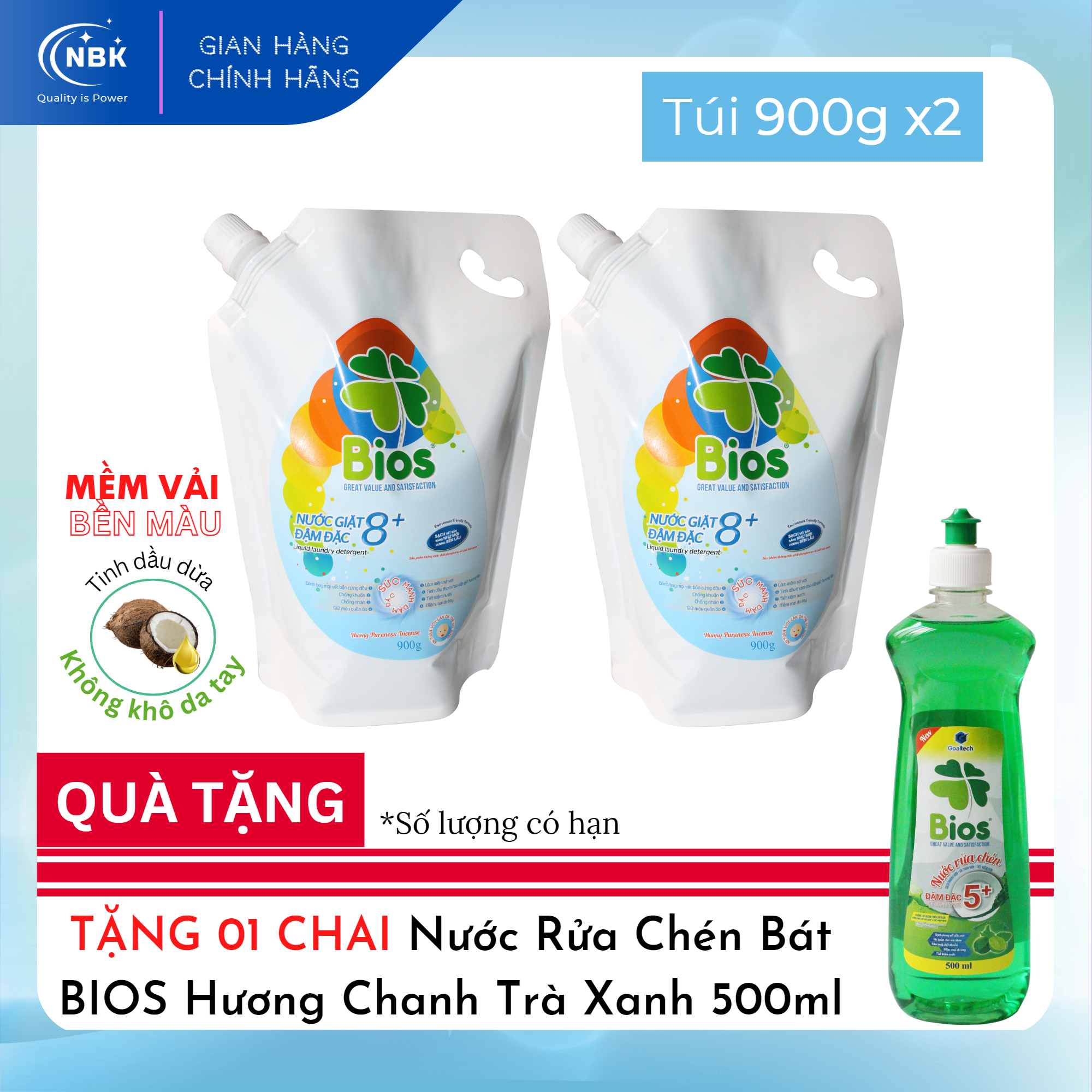Bộ 02 túi nước giặt quần áo siêu thơm bios đậm đặc 8+ hương pureness incense túi 900g