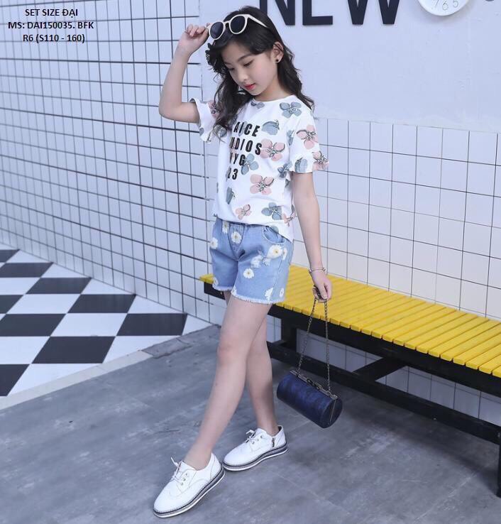 Set áo thun mix quần short jean cho bé gái thật năng động 18-42Kg