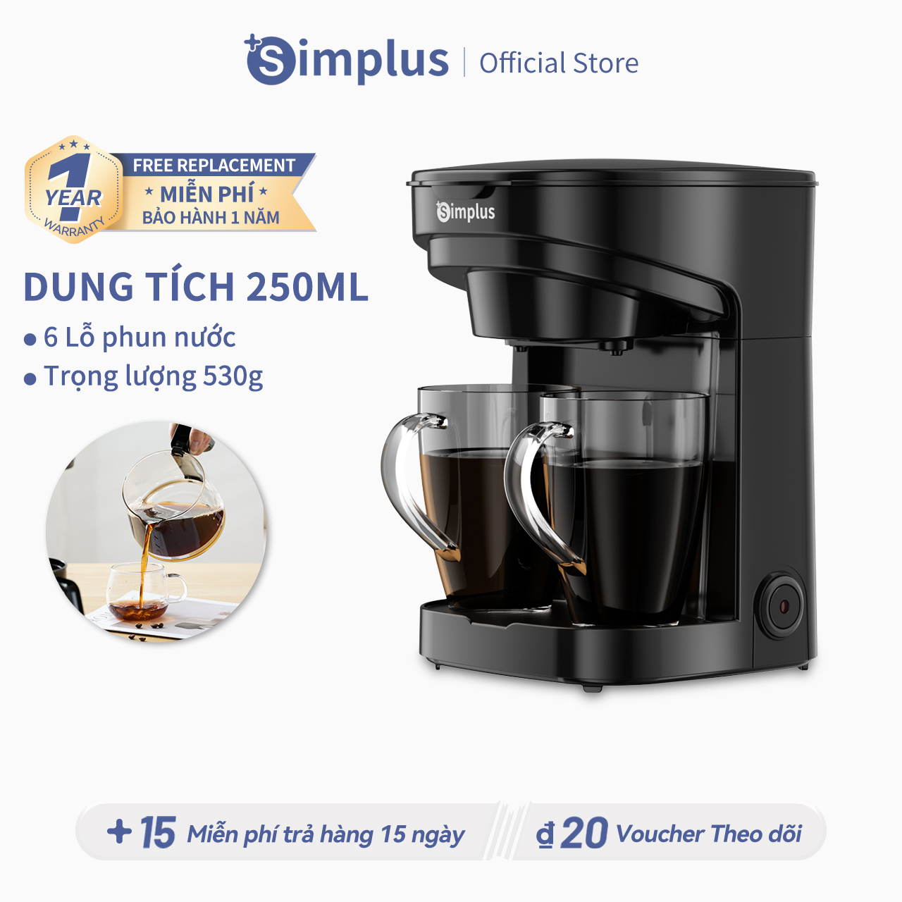 Simplus Máy pha cà phê Máy pha cà phê lọc gia đình Dung tích lớn 750ml Pha trà pha cà phê tiện dụng Bảo hành 1 năm 1 đổi 1