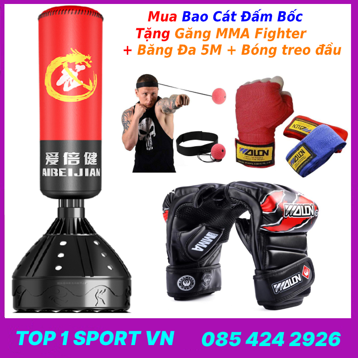 Bao cát đấm bốc boxing tự đứng UFC-AIBEIJIAN - tặng kèm găng mma fighter + băng đa + bóng phản xạ - Chiều cao bao cát 1m70, đường kính 28 cm - dành cho phòng tập, dân chuyên