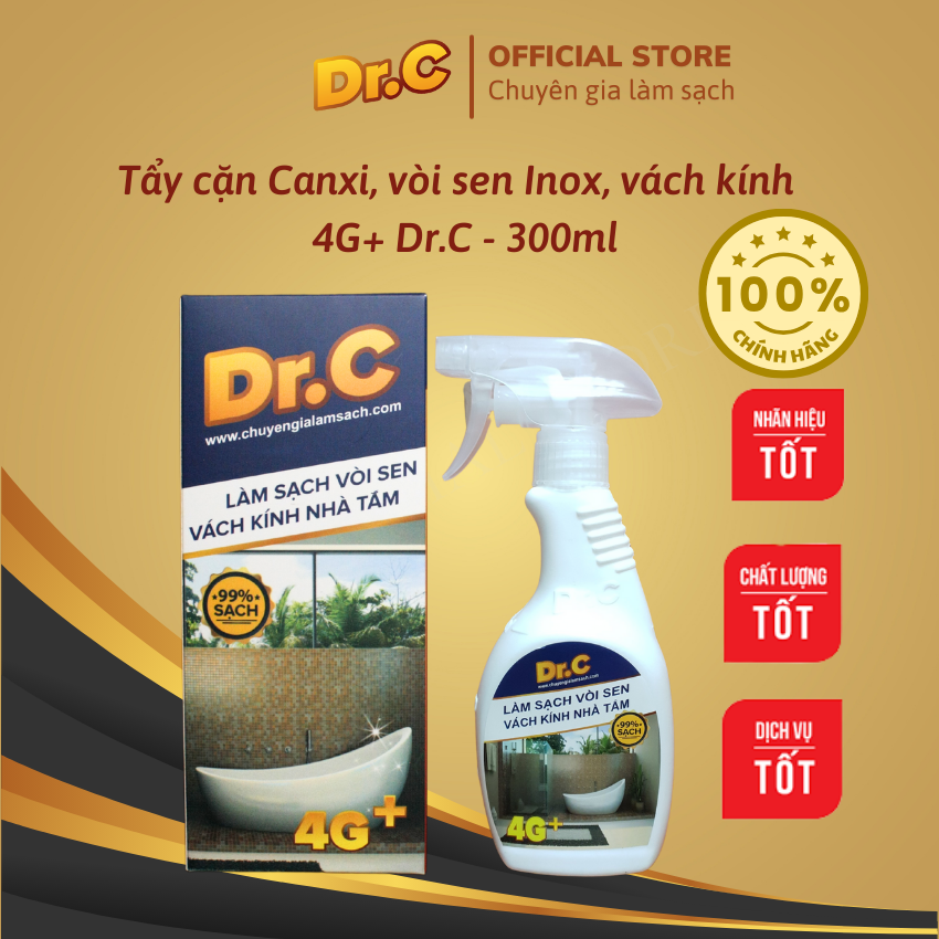 Siêu tẩy cặn canxi nhà tắm, tẩy sạch vòi inox, đốm nước trên vách kính, bồn sứ, gạch men, Dr.C, Chính hãng, Chai 300ml