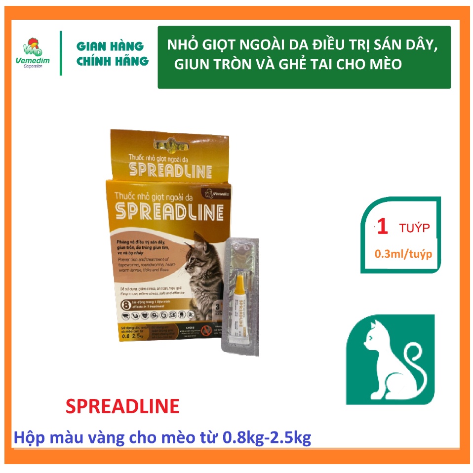 Vemedim SPREADLINE nhỏ giọt ngoài da phòng sán dây, giun tròn, ấu trùng giun tim, ve và bọ nhảy cho mèo, 1 tuýp