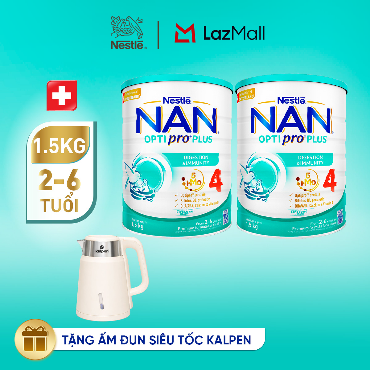 [Tặng ấm Kalpen] Combo 2 lon Sữa bột Nestlé NAN OPTIPRO PLUS 4 1500g/lon với 5HMO Giúp tiêu hóa tốt