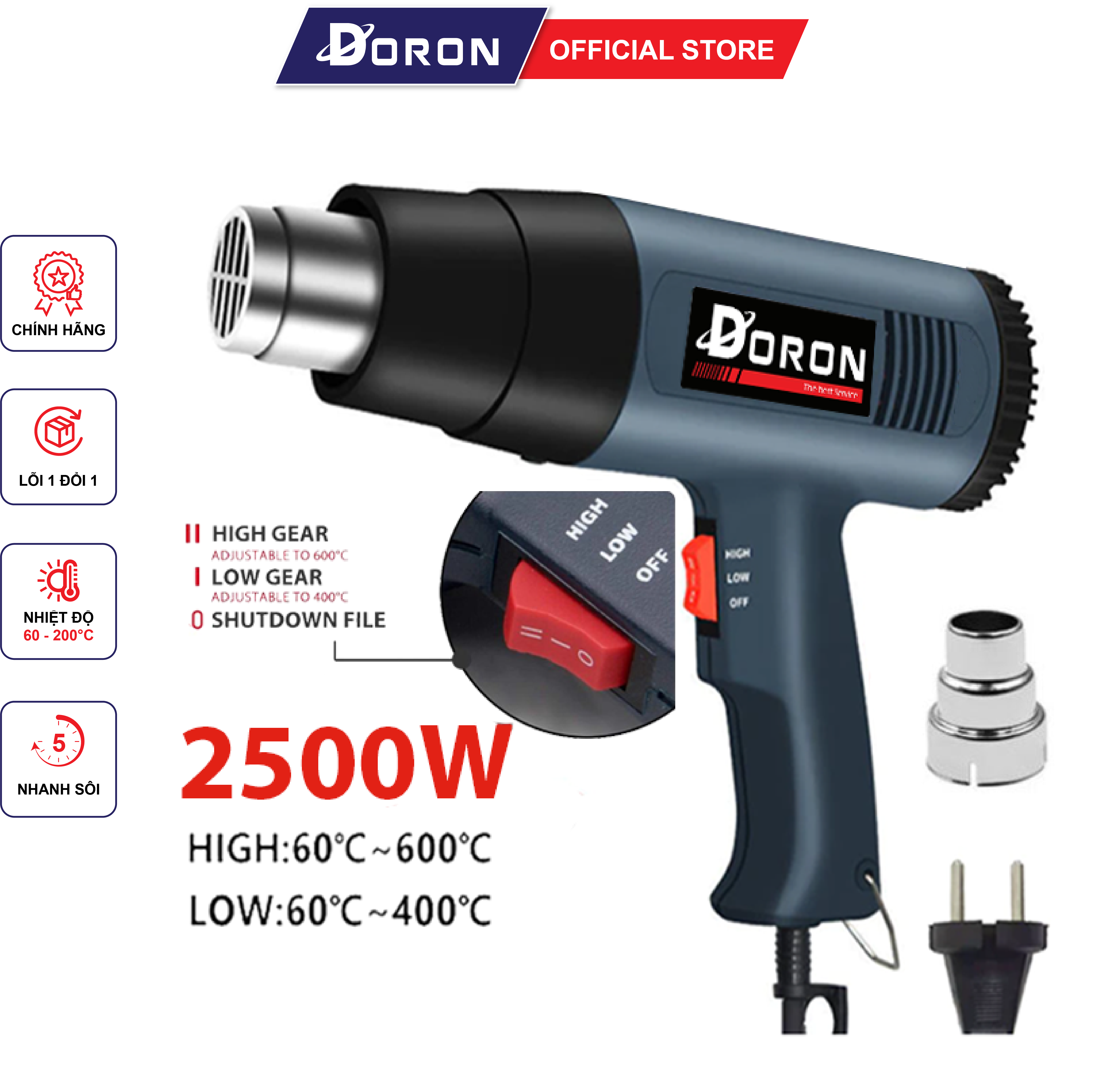 Máy khò màng co DORON 2500W công suất cực lớn hai chế độ gió