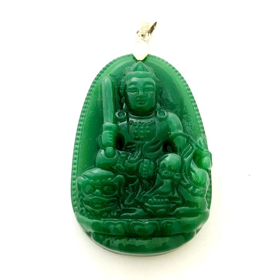 Mặt dây bản mệnh khắc ngài Văn Thù Bồ Tát đá ngọc tự nhiên cho người tuổi Mão Bạc QTJ - MDNA7(Xanh lục)
